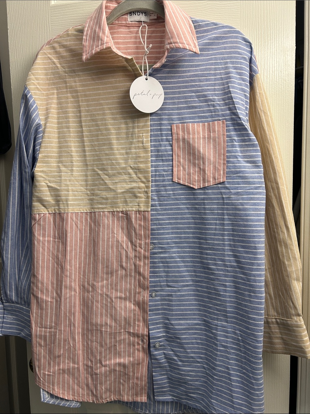 SNDYS Striped Button-Up Shirt in Blue, Pink & Cream